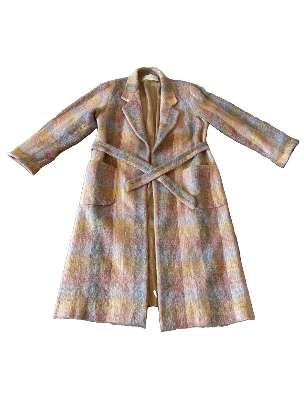 Vintage Evan Picone Mohair Plaid Duster Coat Belted USA Union Made Pastel M